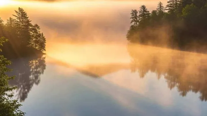A still lake at first light, mist lifting off the water