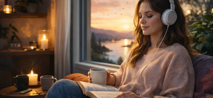Someone listening with headphones by a window at dawn