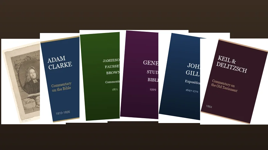 Eight classic Bible commentary volumes fanned out