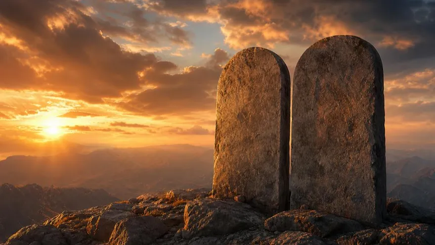 Two stone tablets on a hilltop at sunrise