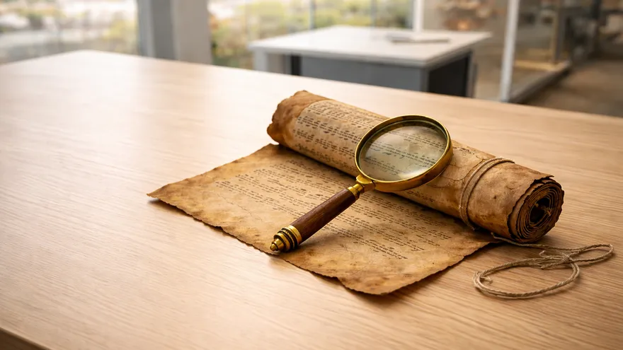 An open scroll and a magnifying glass on a desk