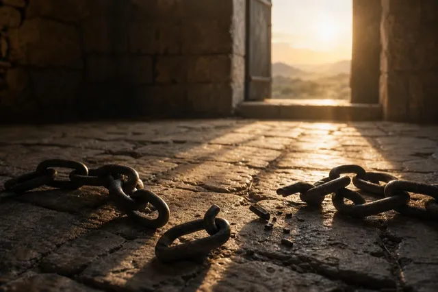 Broken chains on a stone floor with light through a doorway