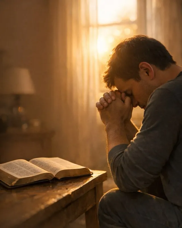 A man praying at a window beside an open Bible