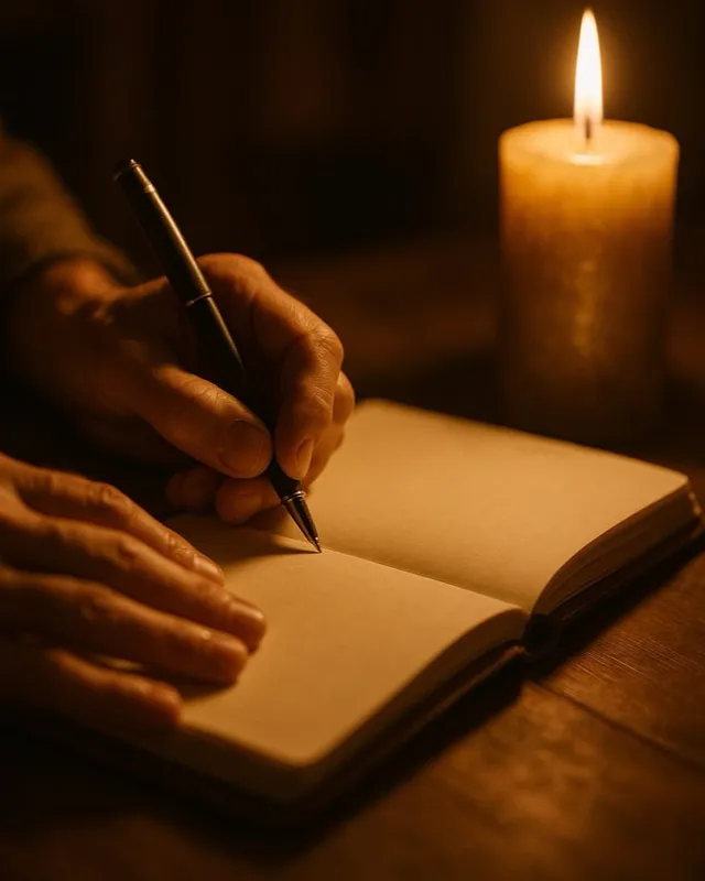 A hand writing in a notebook by candlelight